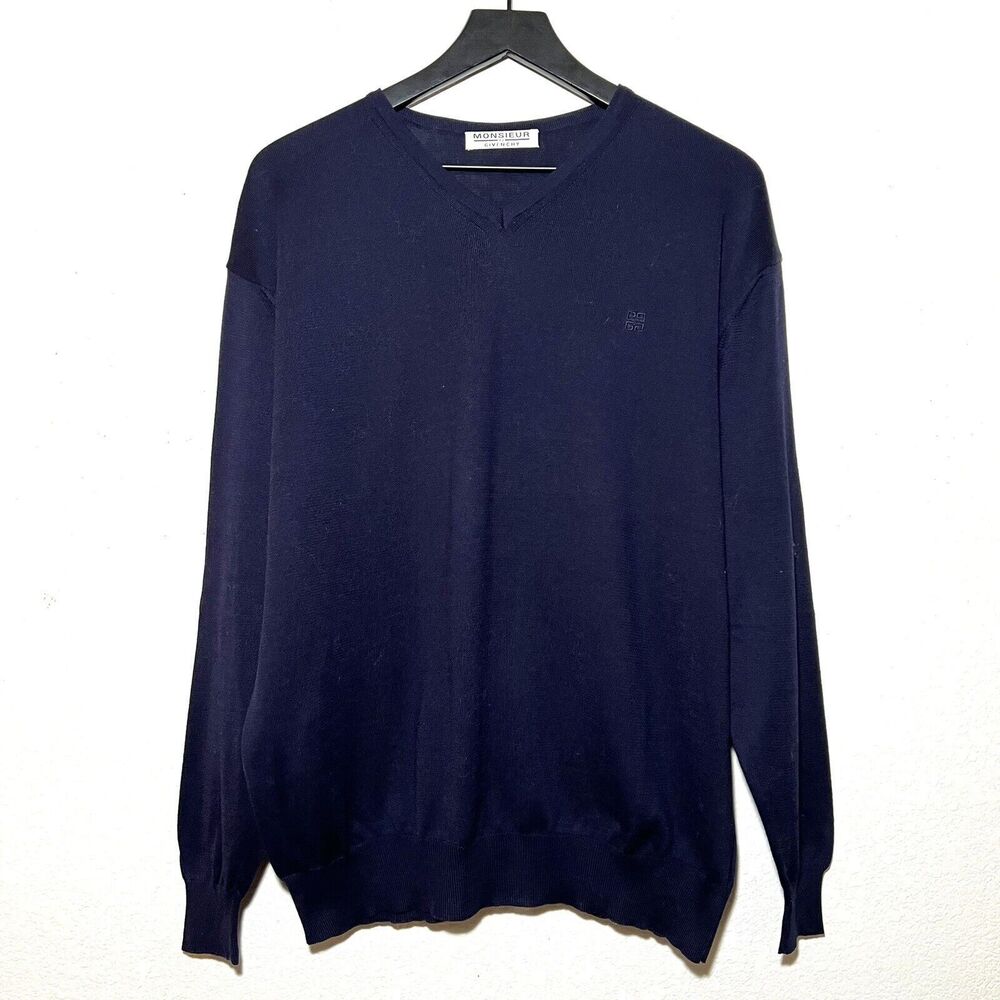 Givenchy Mens Merino Wool V Neck Sweater Size XL Navy Blue
